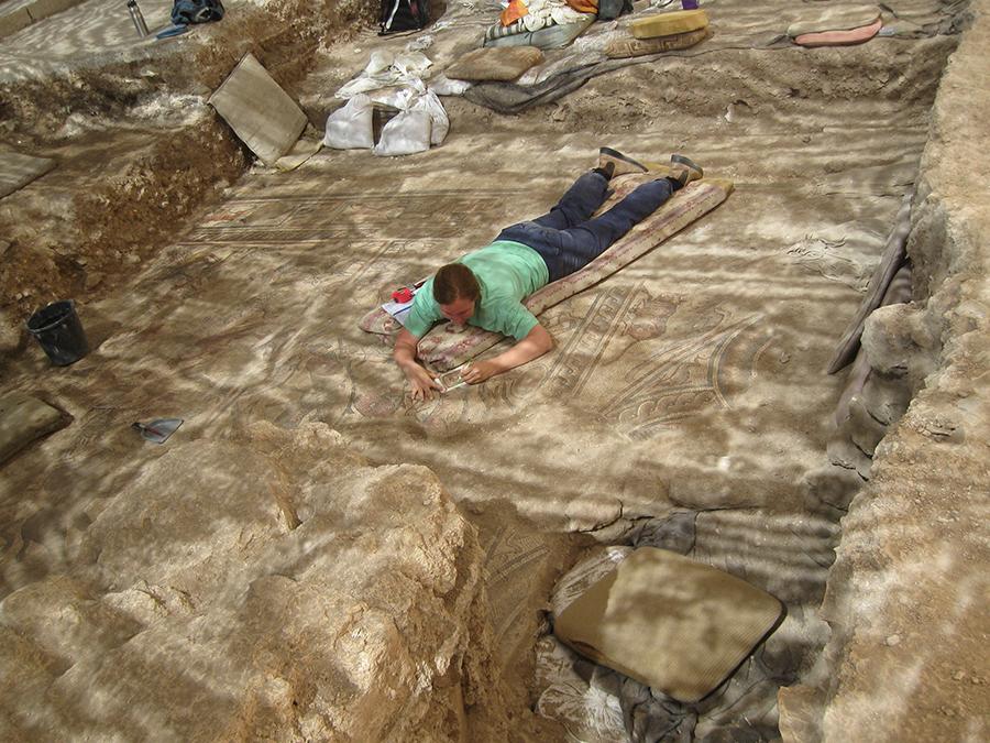 Dr. Karen Britt is pictured working on mosaics at Huqoq. (Submitted photo by Jim Haberman)